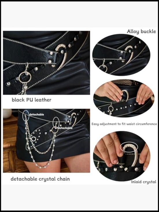 Wide Punk Gothic Studded Rivet Belt Detachable Crystal Waist Chain Y2K Emo main image 5